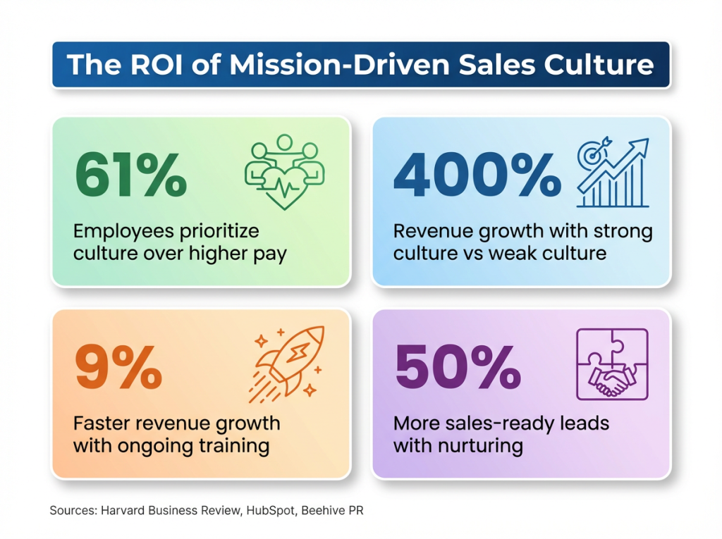 Data visualization showing key statistics on sales culture impact including 61% prioritize culture over pay, 400% revenue growth with strong culture, and 9% faster growth with training