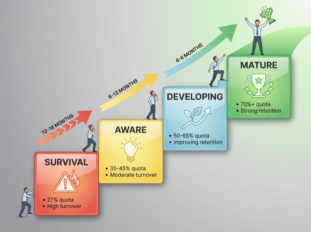 Visual model showing four stages of sales culture maturity from survival mode to mature culture with quota attainment and retention metrics