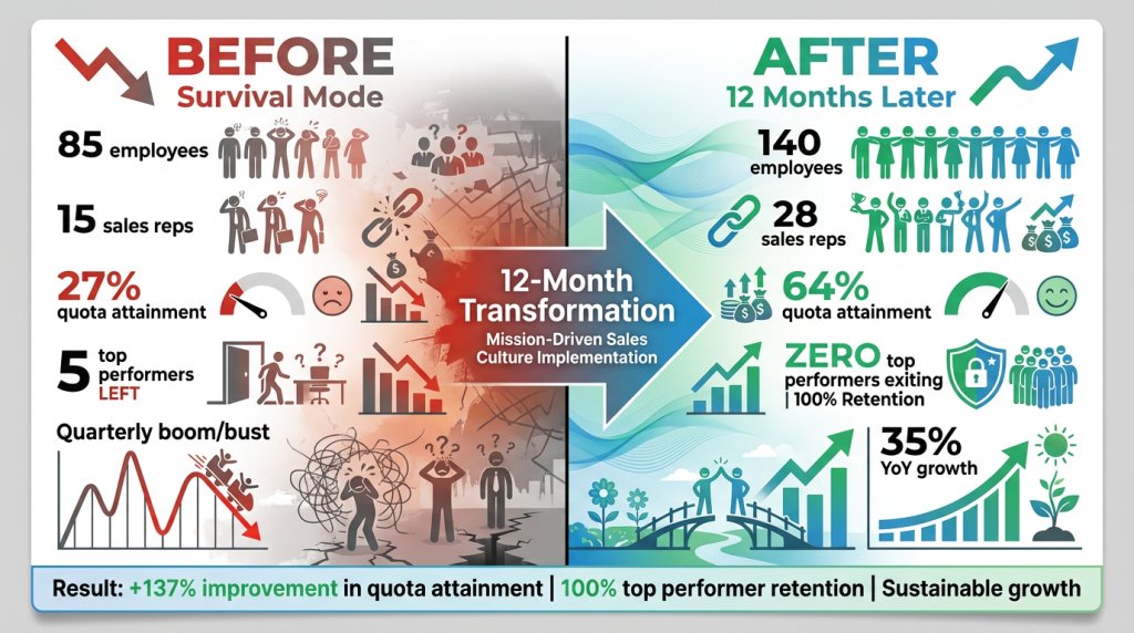 Before and after comparison showing Series B company transformation from 27% quota attainment to 64% through mission-driven sales culture implementation
