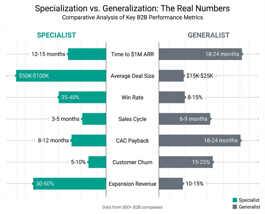 Data comparison chart showing specialist B2B companies achieve 3-4x higher deal sizes, 3x better win rates, and 50% shorter sales cycles compared to generalist approaches