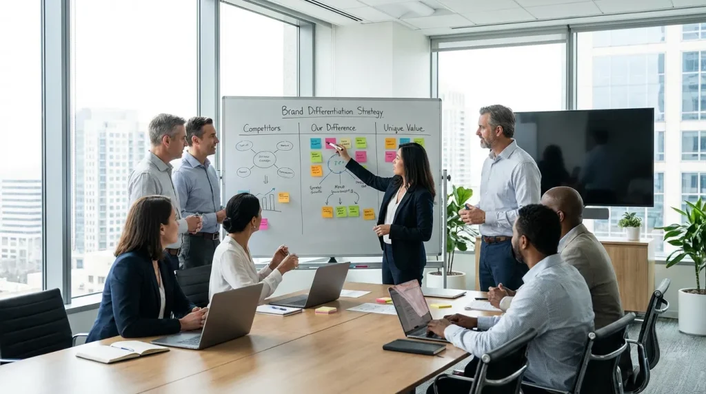 B2B tech CEO team collaborating on brand differentiation strategy framework with competitive positioning matrix on whiteboard