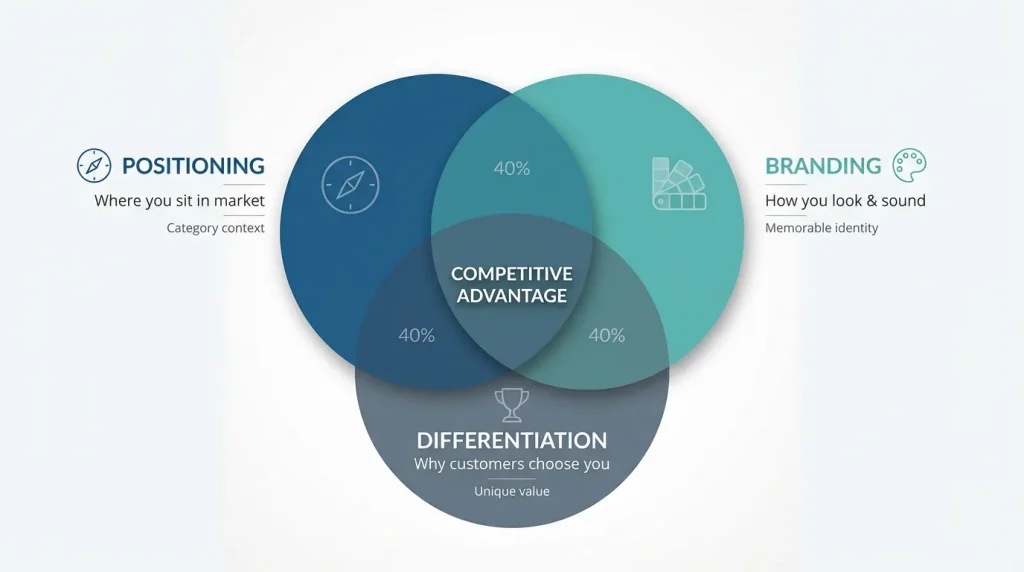 Venn diagram showing relationship between brand differentiation strategy, positioning, and branding for B2B companies