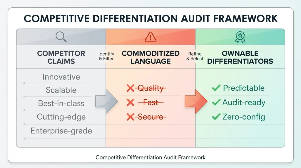 Three-column competitive differentiation audit framework showing competitor claims, commoditized language, and ownable differentiation for SaaS companies