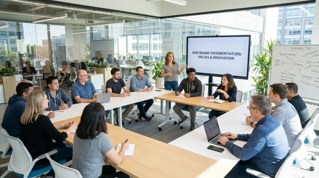 Engineering team at B2B tech company engaged in brand evangelism training and differentiation workshop