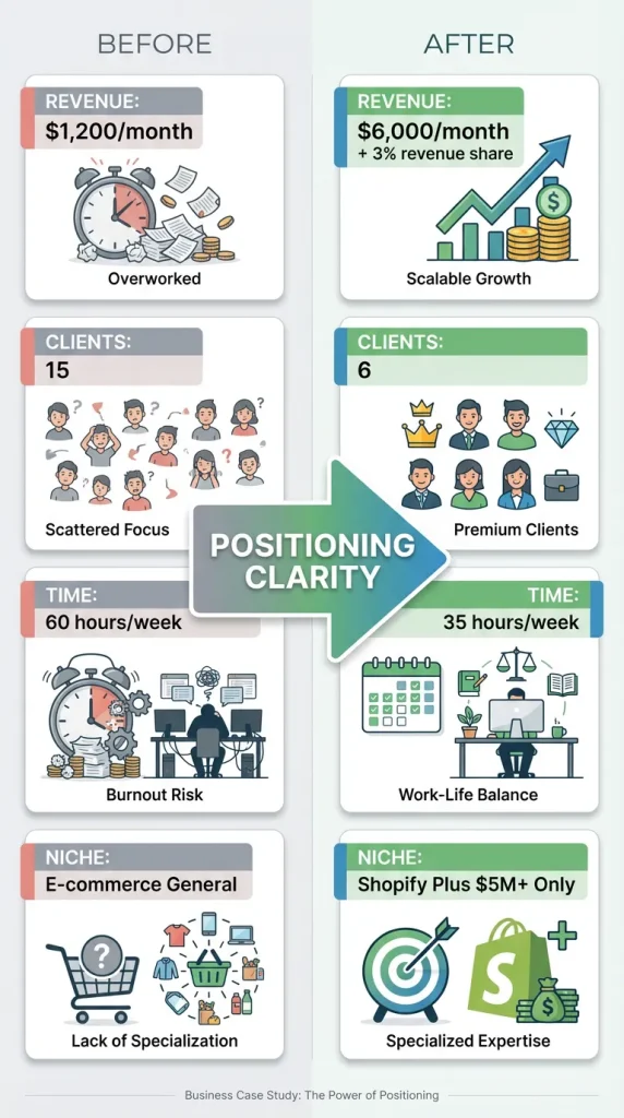 Client transformation using positioning-first SaaS pricing strategy showing revenue increase from $1,200 to $6,000 monthly with fewer clients and less hours