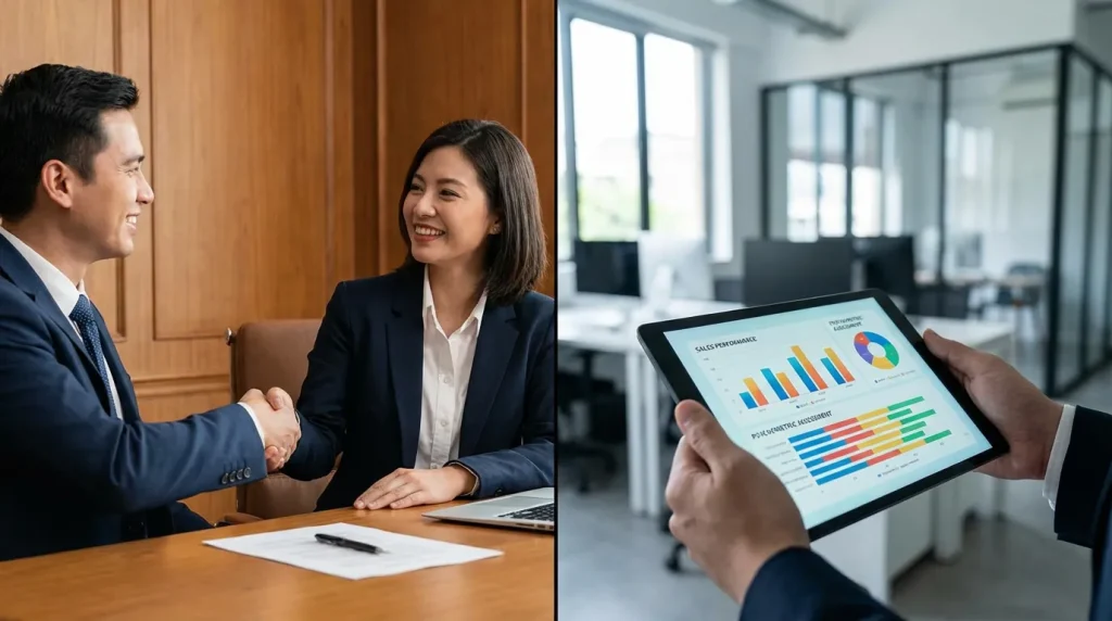 Side-by-side comparison of traditional sales interview handshake versus data-driven sales assessment tools and performance metrics