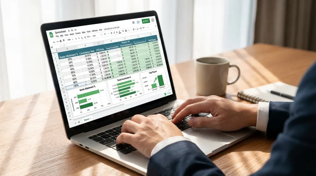 Spreadsheet displaying sales commission calculator with OTE breakdown, quota attainment tiers, and accelerator rates