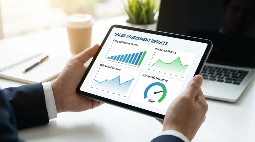 Digital dashboard showing sales assessment results including competitiveness, resilience, and will-to-sell metrics on tablet