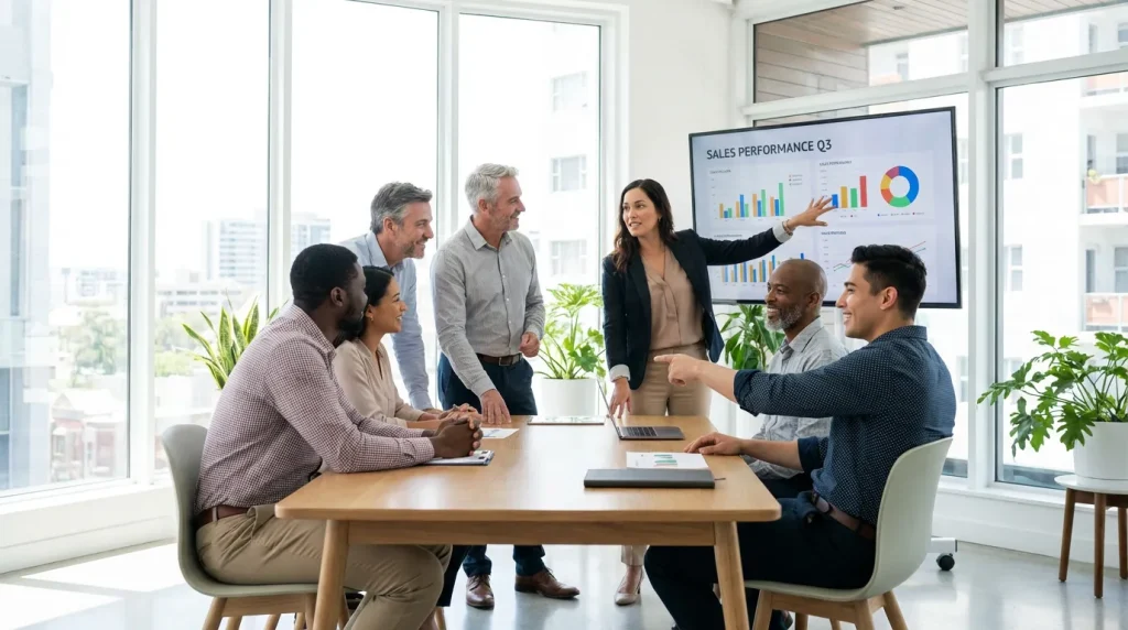 Diverse sales team reviewing performance metrics on dashboard during team meeting in modern tech startup office