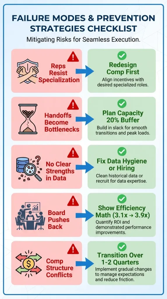 Checklist infographic showing five common failure modes when implementing strength-based sales coaching and prevention strategies