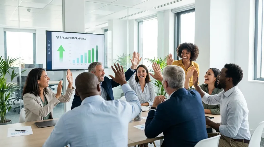 Diverse sales team celebrating success with high-fives in modern office with performance dashboard showing positive results