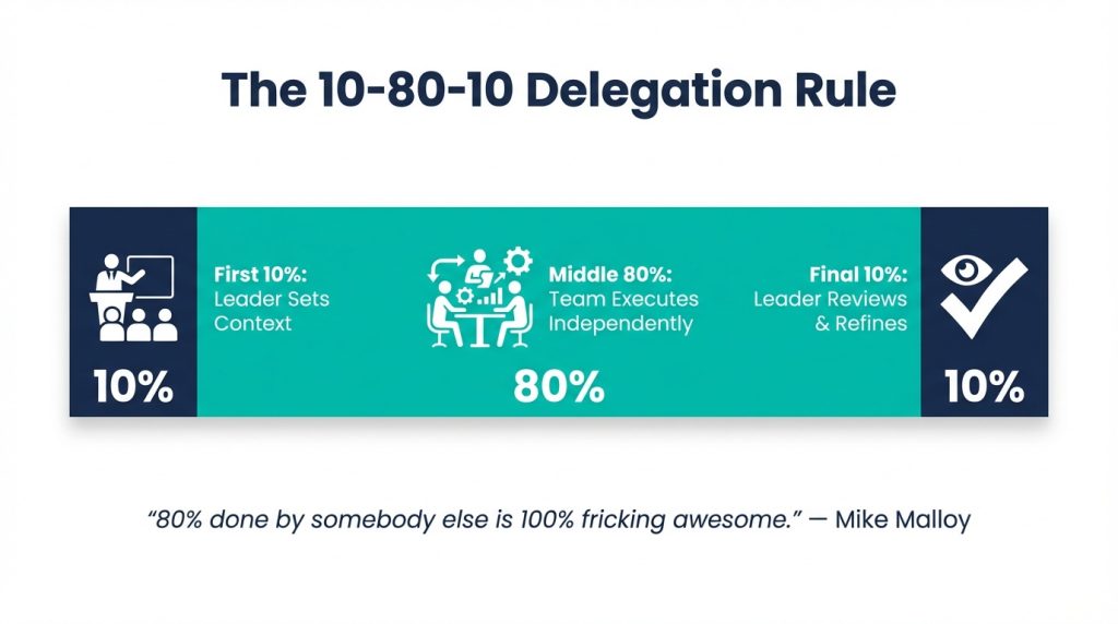 The 10-80-10 delegation framework by Mike Malloy: the leader sets context for the first 10%, the team executes the middle 80% independently, and the leader reviews the final 10%.