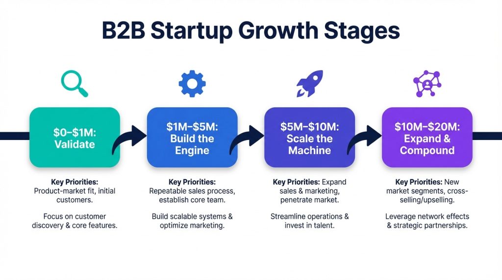 A horizontal four-stage timeline showing how to scale a B2B startup from $0 to $20M ARR, with key priorities labeled at each revenue stage.