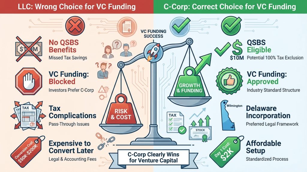 Comparison chart showing C-Corp versus LLC for startup funding with QSBS qualified small business stock tax benefits, venture capital requirements, and Delaware incorporation advantages