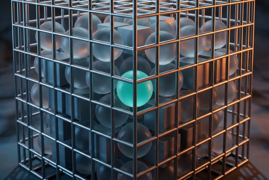 Visual metaphor for category jail showing multiple similar products trapped in a confined competitive space with limited differentiation