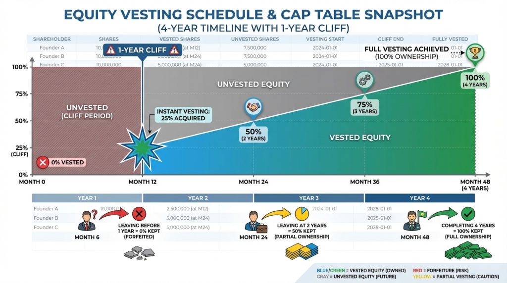 Cap table showing 4-year founder vesting schedule with 1-year cliff and monthly vesting milestones for startup equity distribution including percentages vested at 12, 24, 36, and 48 months