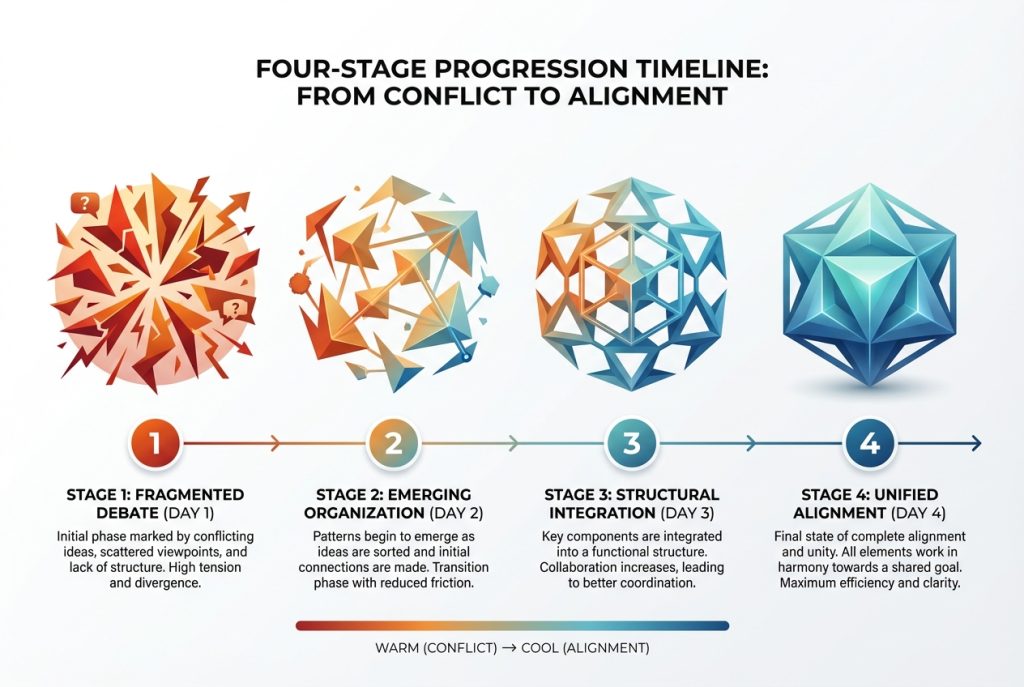 Four-stage process visualization showing the intensive four-day category design sprint from executive debate to aligned strategic narrative
