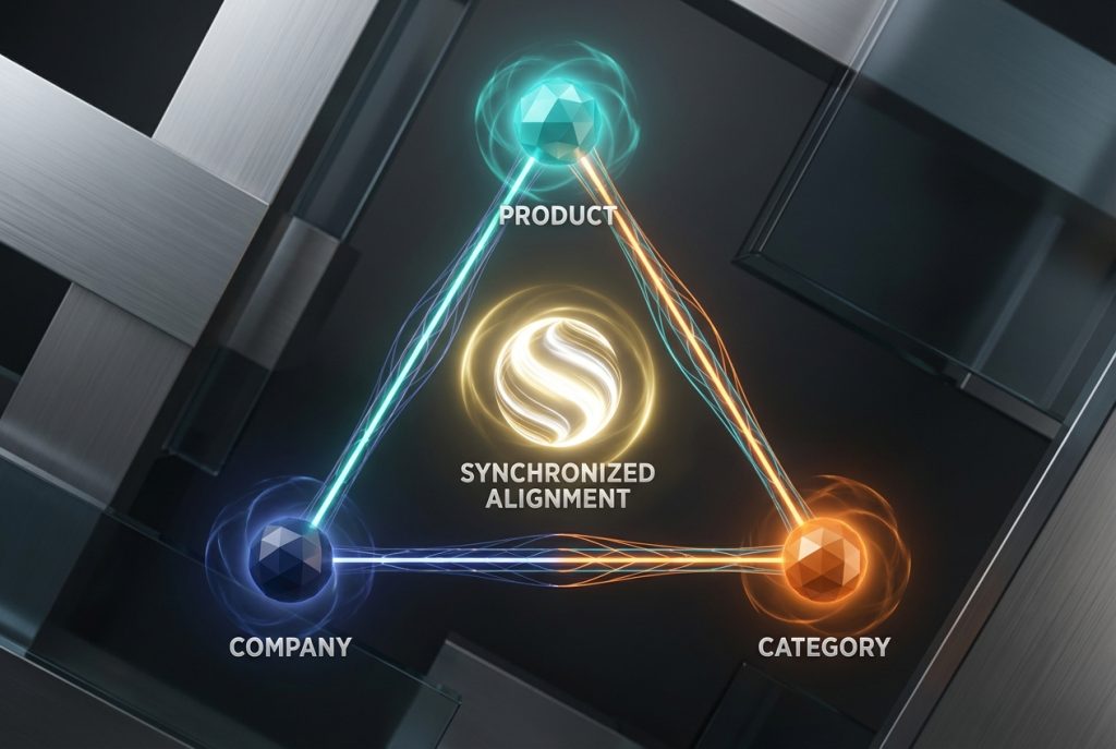 Three interconnected elements forming the Magic Triangle of category creation: product design, company design, and category design working in harmony