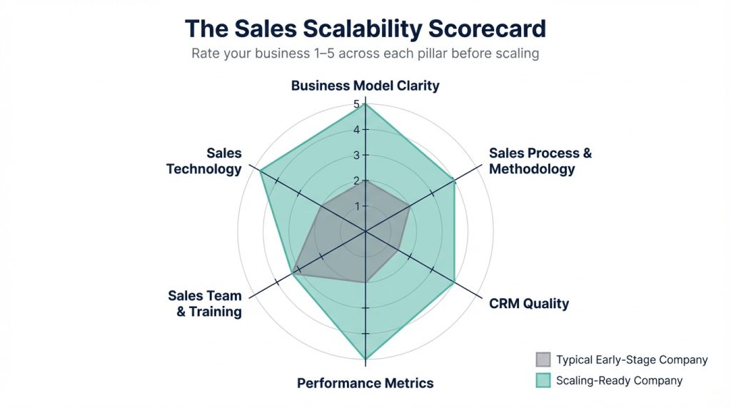 A radar chart showing the six pillars of Mike Malloy's Sales Scalability Scorecard: business model clarity, sales process, CRM quality, performance metrics, sales team training, and sales technology.