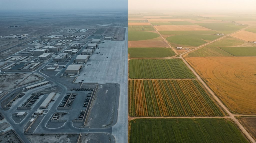 A split-screen aerial view contrasting a cold gray military installation on the left with warm golden agricultural cropland on the right, representing a product validation-driven market pivot