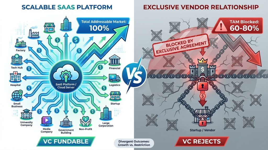 Scalable SaaS platform with multiple customers and network effects versus single customer vendor relationship showing exclusive agreement risks that block venture capital funding and limit total addressable market