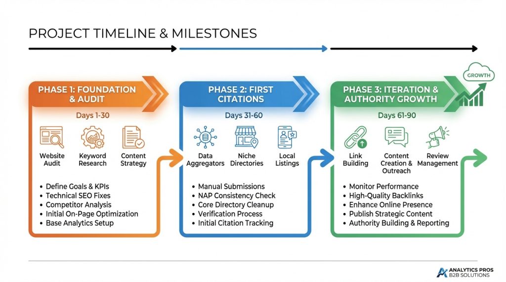 Three-phase timeline showing what to expect from an AEO agency in the first 90 days: foundation audit (days 1-30), first citations (days 31-60), and authority amplification (days 61-90)