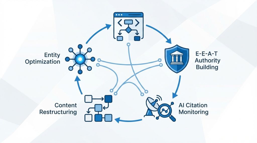 Infographic showing the five core services of an AEO agency: schema markup, E-E-A-T authority building, AI monitoring, content restructuring, and entity optimization
