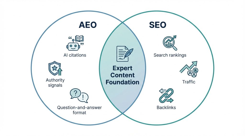 Simple 2x2 framework showing how AEO vs SEO complement each other for B2B companies, with content types mapped to each quadrant