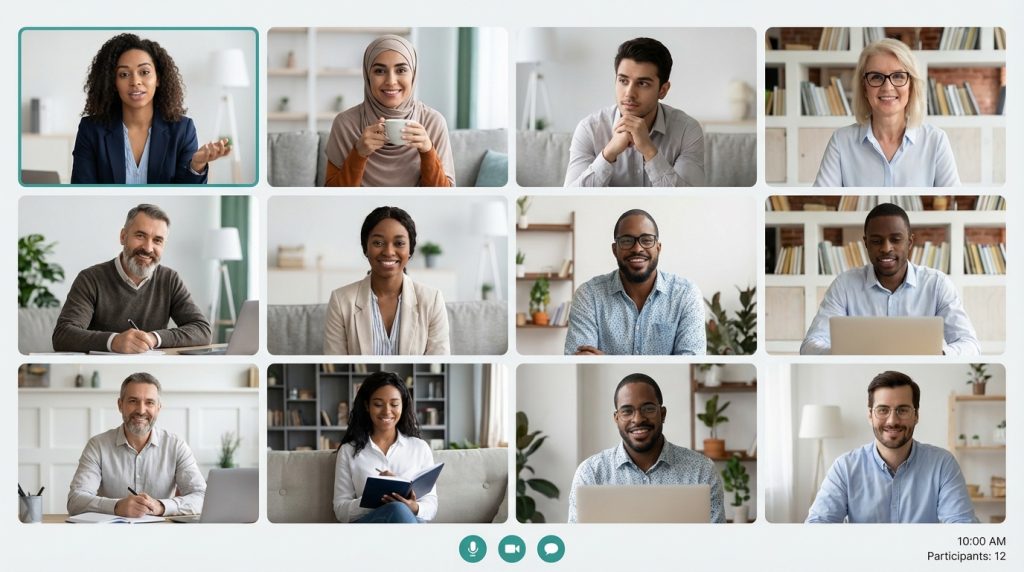 B2B relationship building connection blitz group call with multiple professionals on a video conference