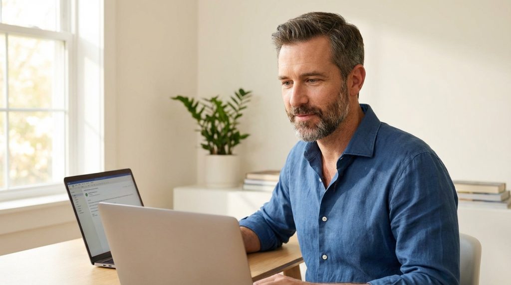 B2B relationship building — founder reviewing a check-in email at a clean modern desk