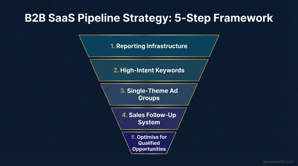 Infographic showing the B2B SaaS pipeline strategy 5-step framework for Series A and B companies