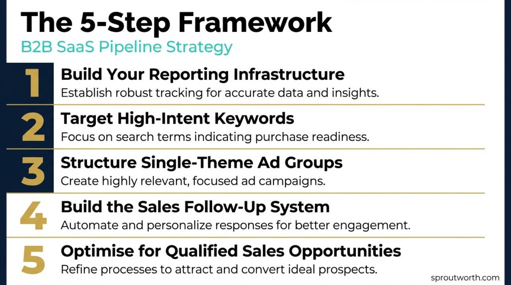 Numbered 1 to 5 visual overview of the B2B SaaS pipeline strategy steps for Series A and B companies