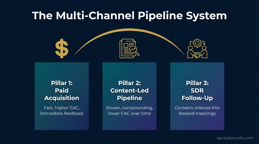 Three-pillar diagram showing the multi-channel B2B SaaS pipeline strategy across paid acquisition, content-led pipeline, and SDR follow-up