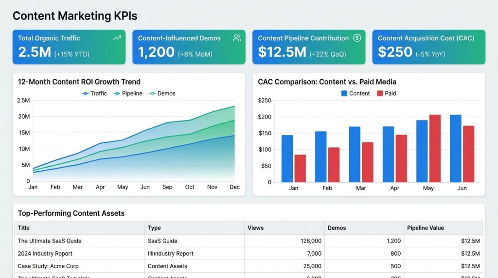 Sample board report dashboard showing content marketing KPIs and business outcomes
