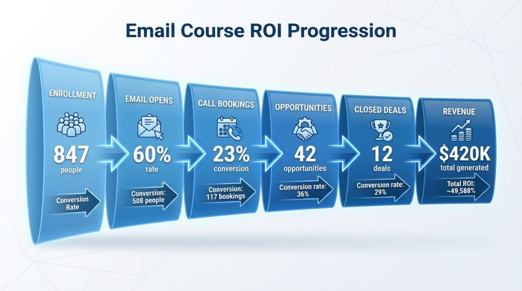 Email course funnel showing conversion rates from enrollment to closed revenue