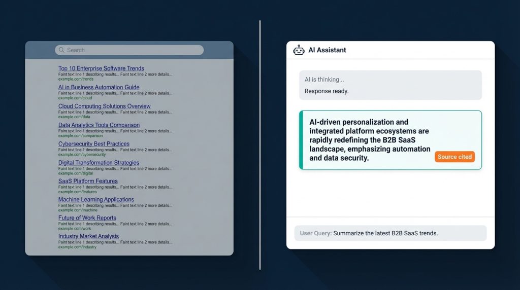 Illustration showing a B2B executive comparing a traditional Google search results page with an AI chat interface citing a brand answer, representing the shift to generative engine optimization.