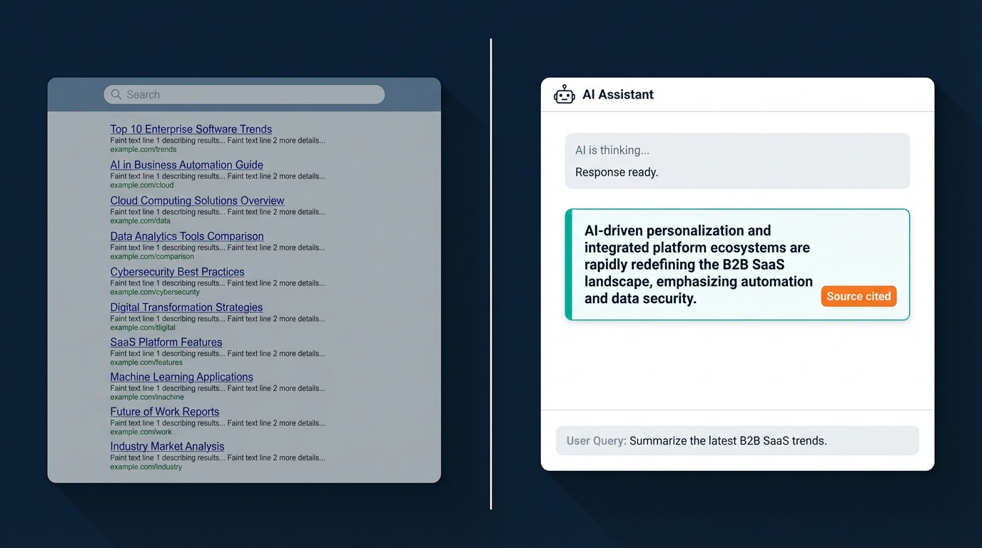 Illustration showing a B2B executive comparing a traditional Google search results page with an AI chat interface citing a brand answer, representing the shift to generative engine optimization.