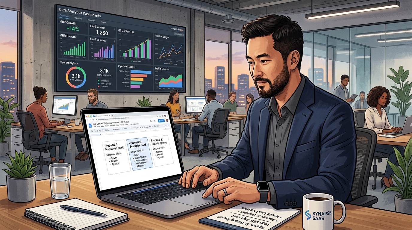 B2B SaaS CEO reviewing content marketing agency proposals and ROI metrics