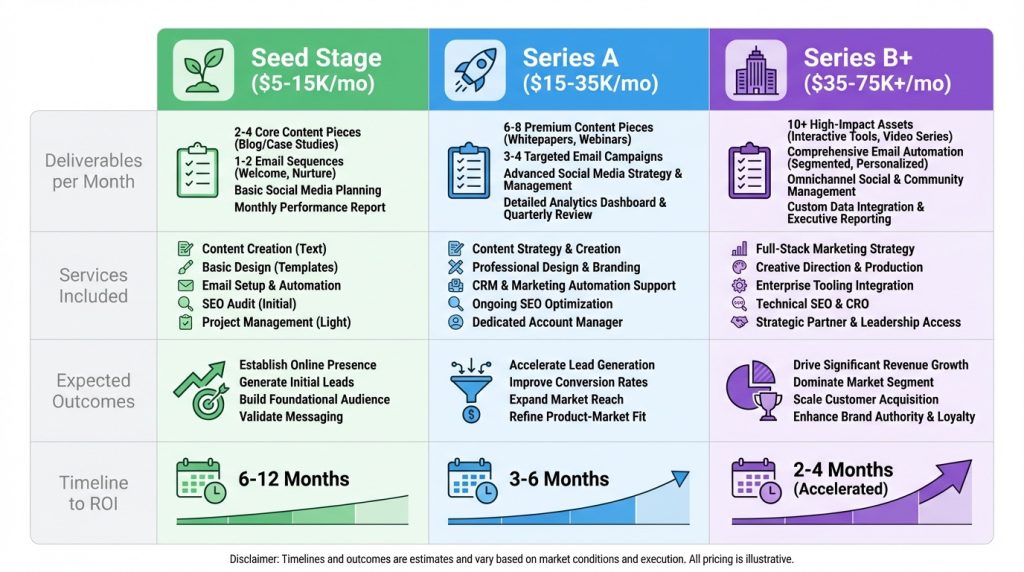 SaaS content marketing agency pricing tiers by company funding stage