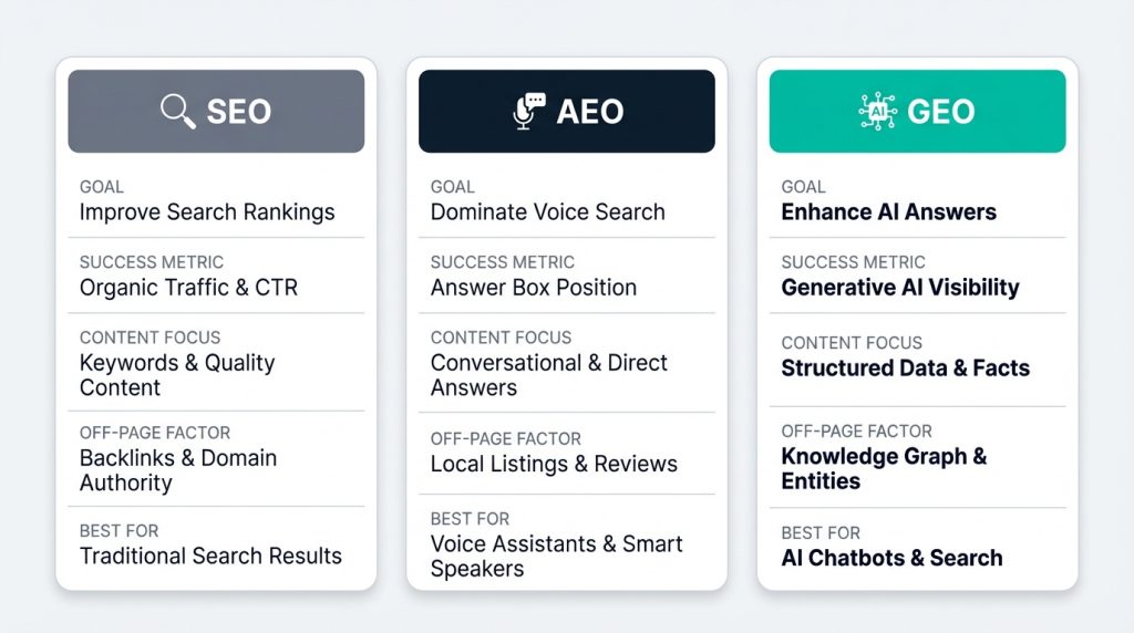 Three-column comparison diagram showing the differences between SEO, AEO, and generative engine optimization (GEO), covering goals, success metrics, and off-page factors for B2B tech companies.