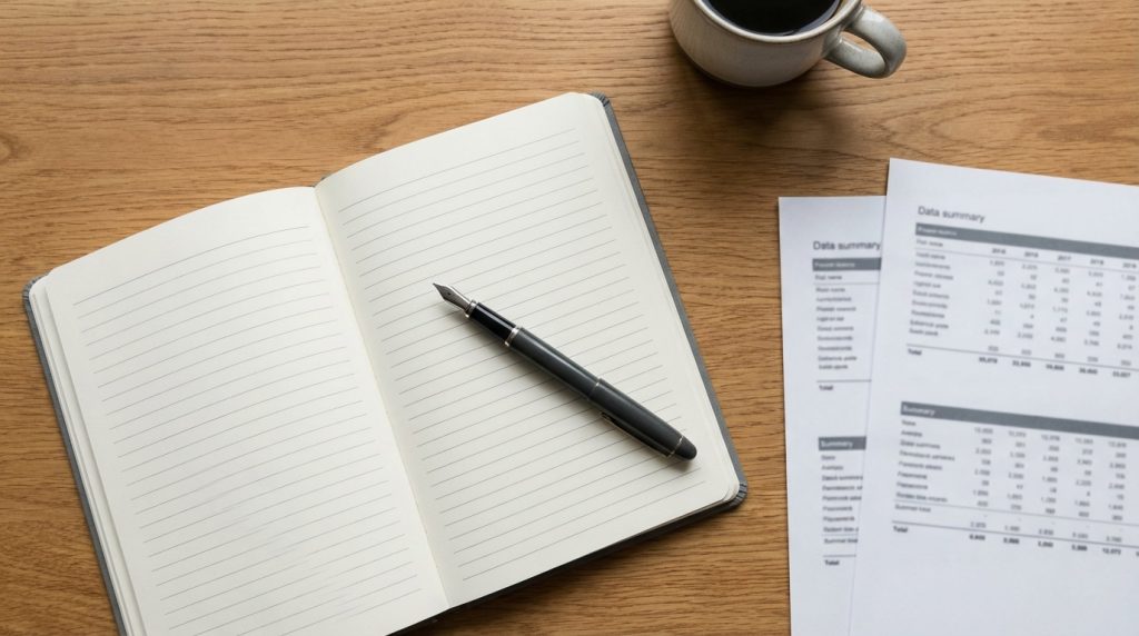 Clean desk flat-lay with notebook, pen, and printed data sheets representing the analytical questions at the heart of statistical thinking in business