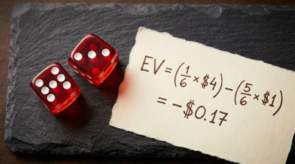 Casino dice beside a handwritten expected value calculation illustrating how statistical thinking in business separates disciplined bets from lucky ones