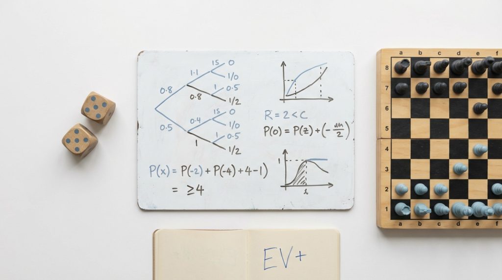 Whiteboard with probability diagrams, dice, and a notebook showing EV+ representing statistical thinking in business