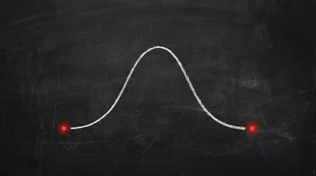 Bell curve on a blackboard illustrating statistical thinking in business — common cause variation centre, special cause variation as red dots outside the normal range.