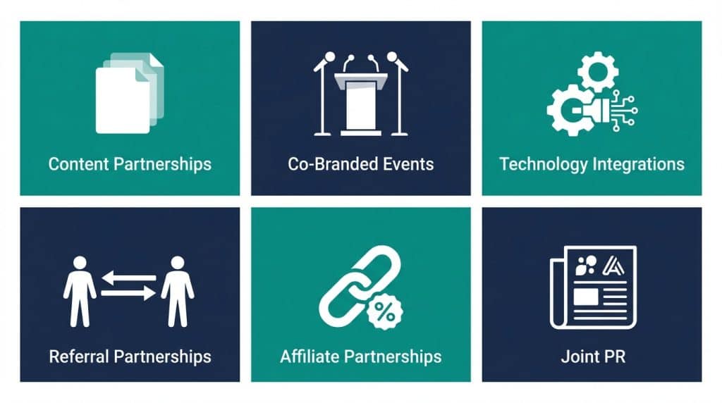 Icon grid showing the six types of B2B partner marketing: content partnerships, co-branded events, technology integrations, referral partnerships, affiliate partnerships, and joint PR.