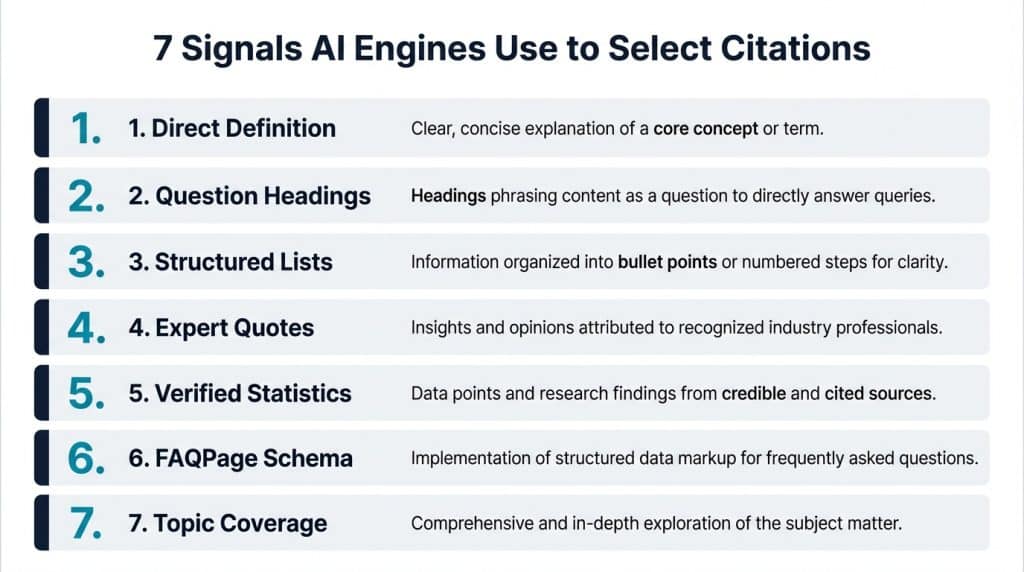 Infographic listing 7 content signals AI engines use to select B2B citations, including schema markup and FAQPage structure