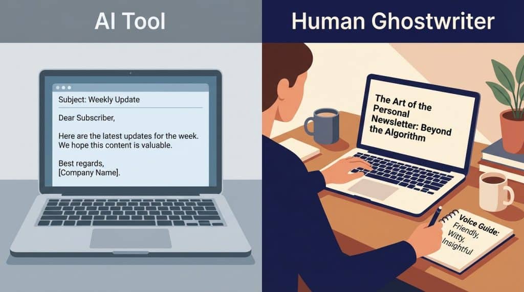Split-screen comparison showing generic AI-generated newsletter output on the left versus a human ghostwriter producing specific, voice-matched founder content on the right