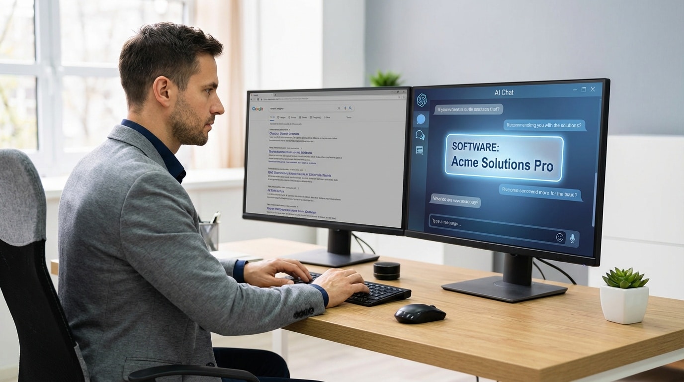 Answer engine optimization for SaaS showing AI chatbot interface replacing traditional search for B2B software buyers