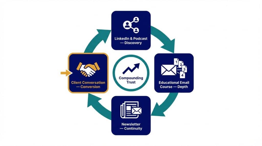 B2B content flywheel diagram showing how LinkedIn posts and podcast episodes feed an educational email course, leading to a newsletter and client conversations