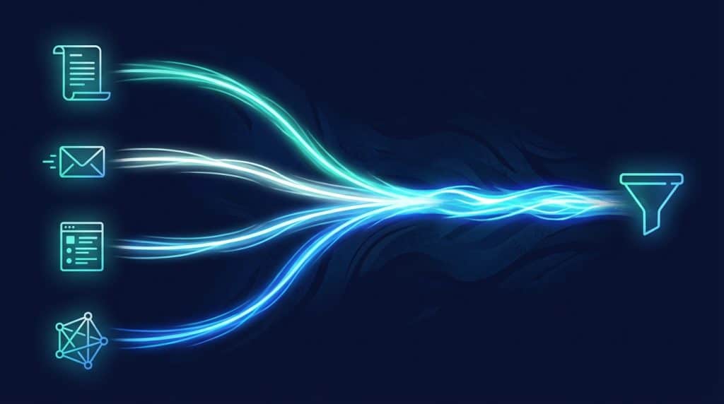 Four B2B content marketing channels — long-form articles, email courses, newsletters, and LinkedIn — illustrated as streams converging into a unified pipeline